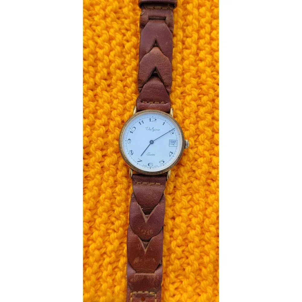 VTG Valgine Swiss Quartz Watch Gold Tone Brown Braid Leather Heritage Americana